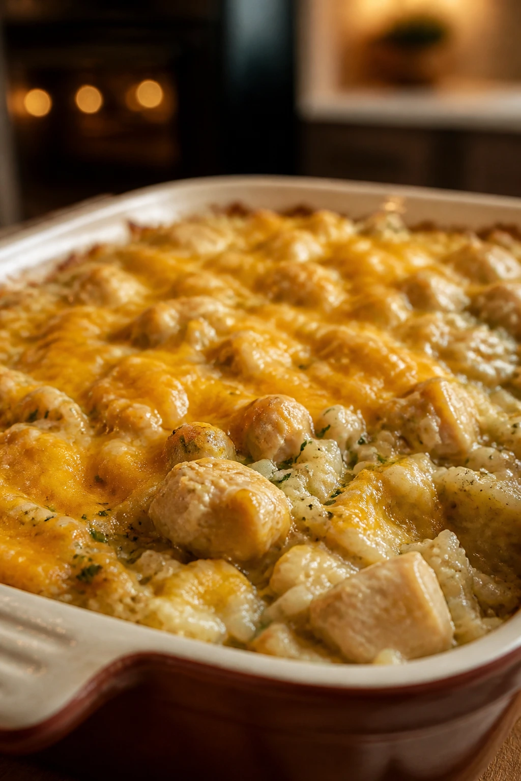 Creamy ranch chicken and rice casserole in a baking dish