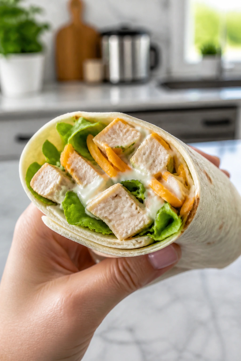 Ranch chicken wrap held in hand in a bright kitchen