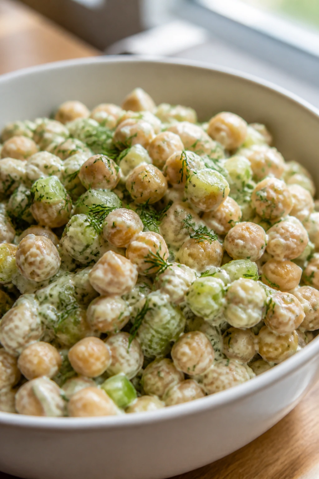 Close-up of ranch chickpea salad with celery and dill in a bowl