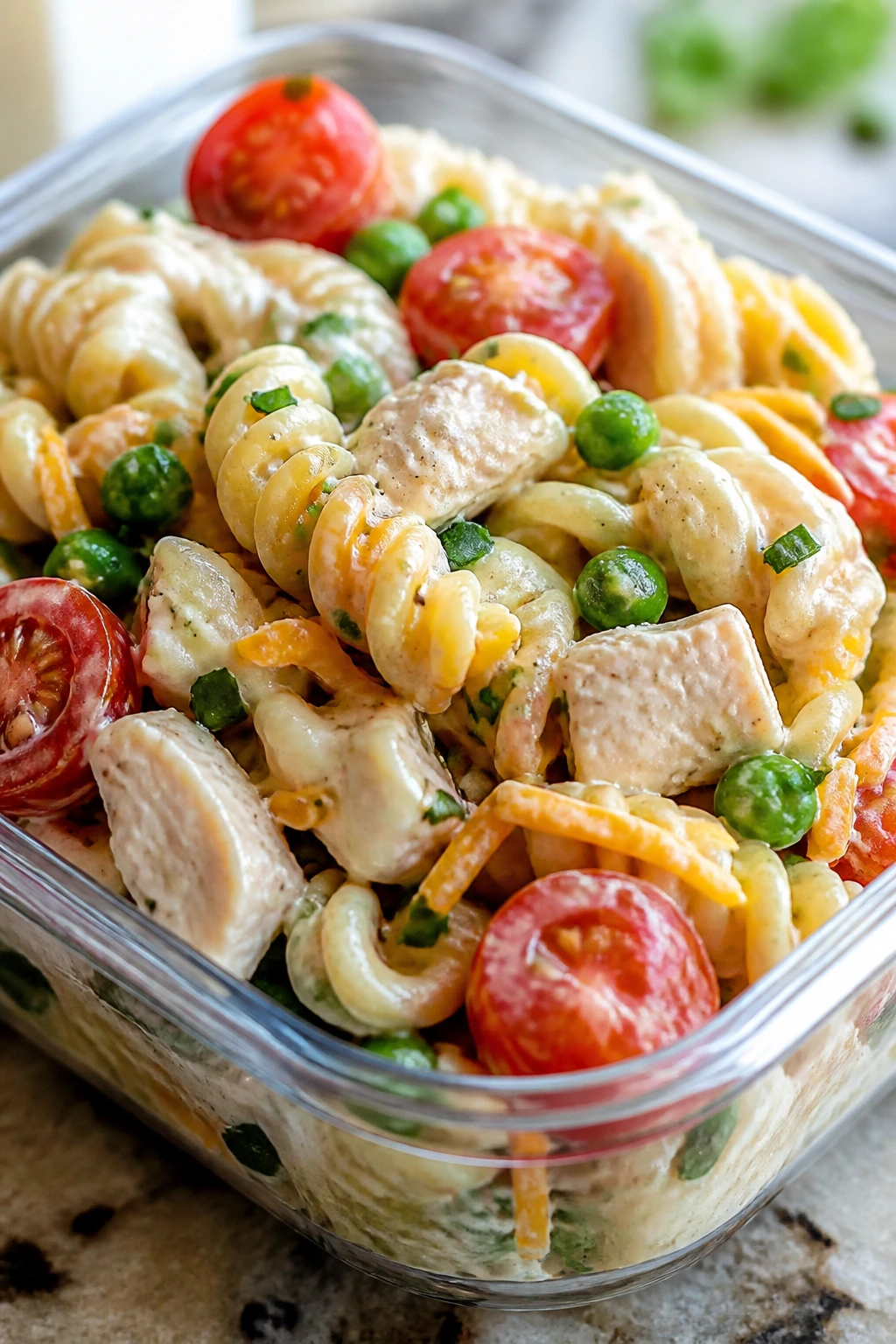 Close-up of Ranch Chicken Pasta Salad in a lunchbox cup with pasta, chicken, tomatoes, peas, cheddar, and chives