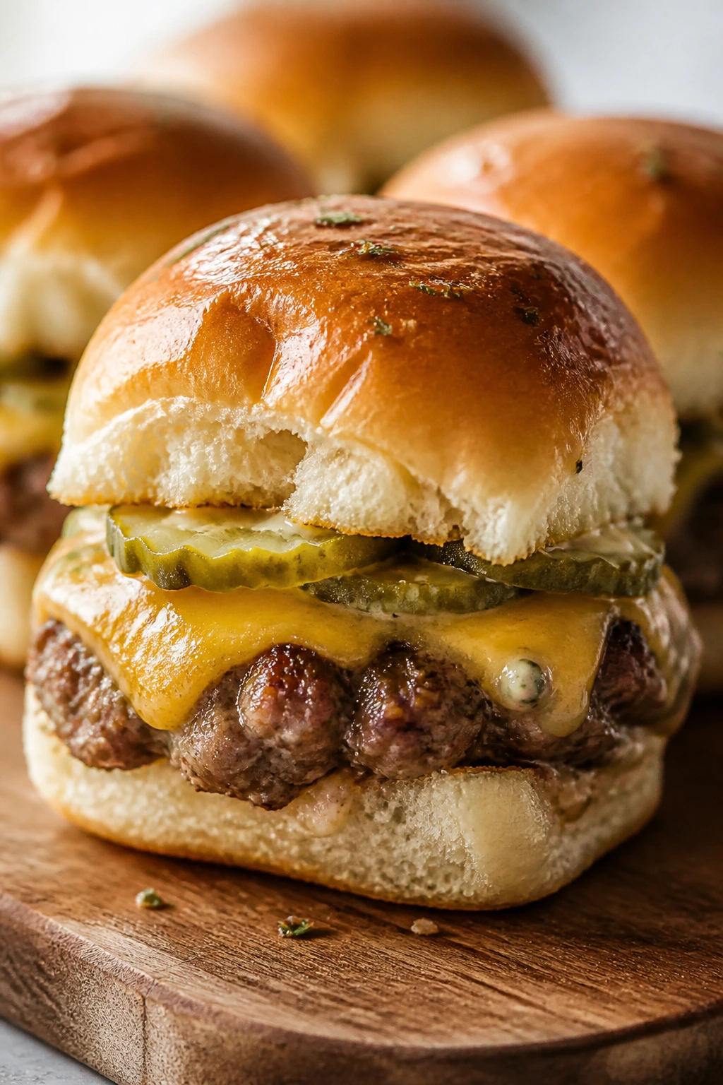 Close-up of Ranch Pickle Cheeseburger Slider showing pickles and melted cheese