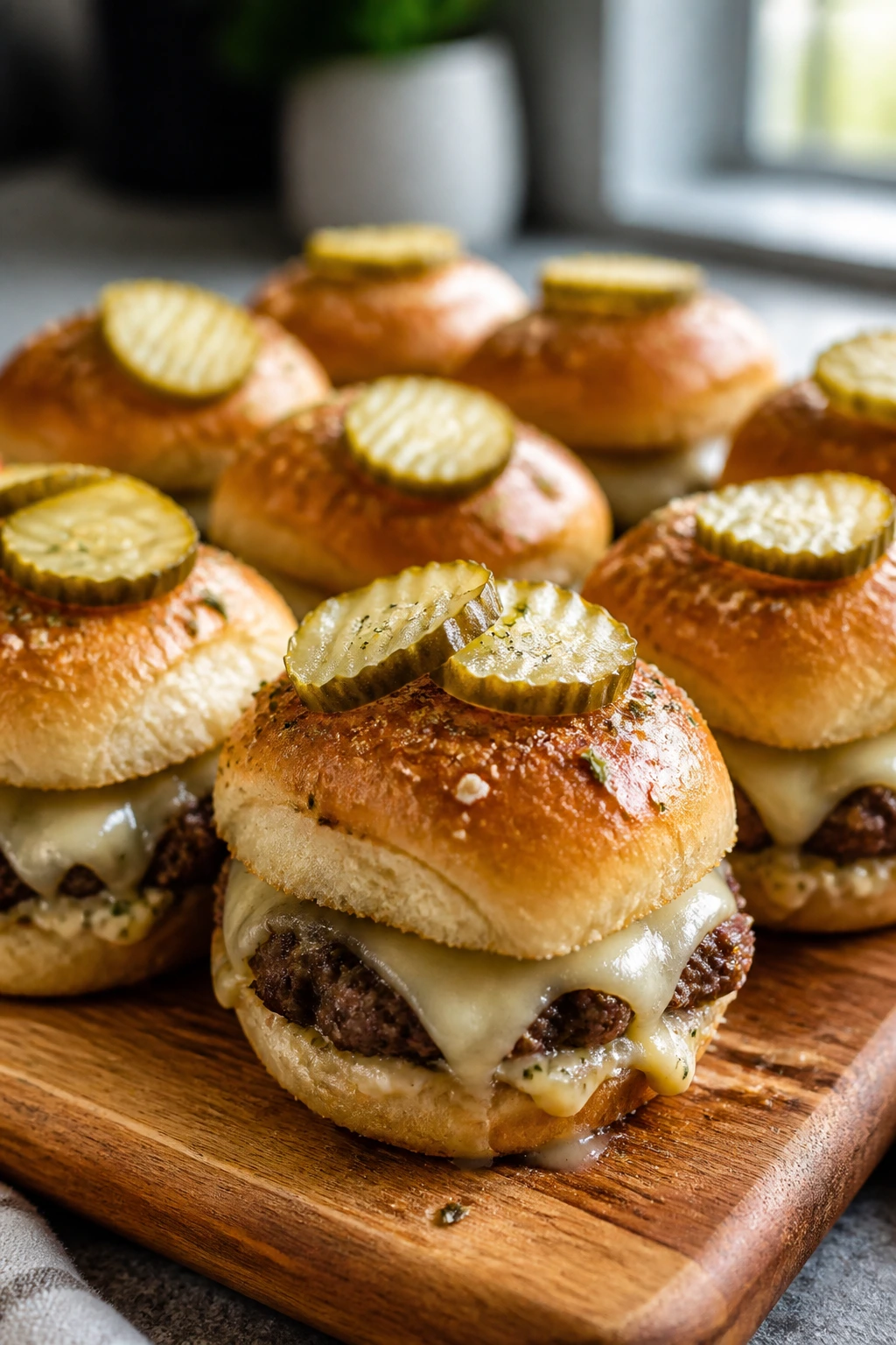 Close-up of ranch-dill pickle cheeseburger sliders on wooden board