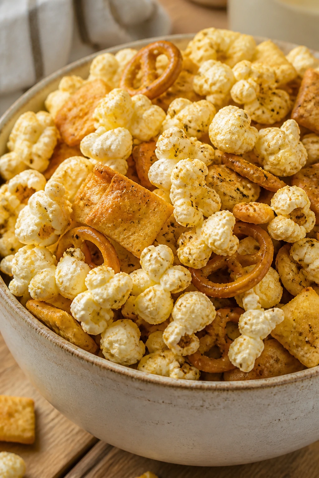 Bowl of ranch popcorn snack mix