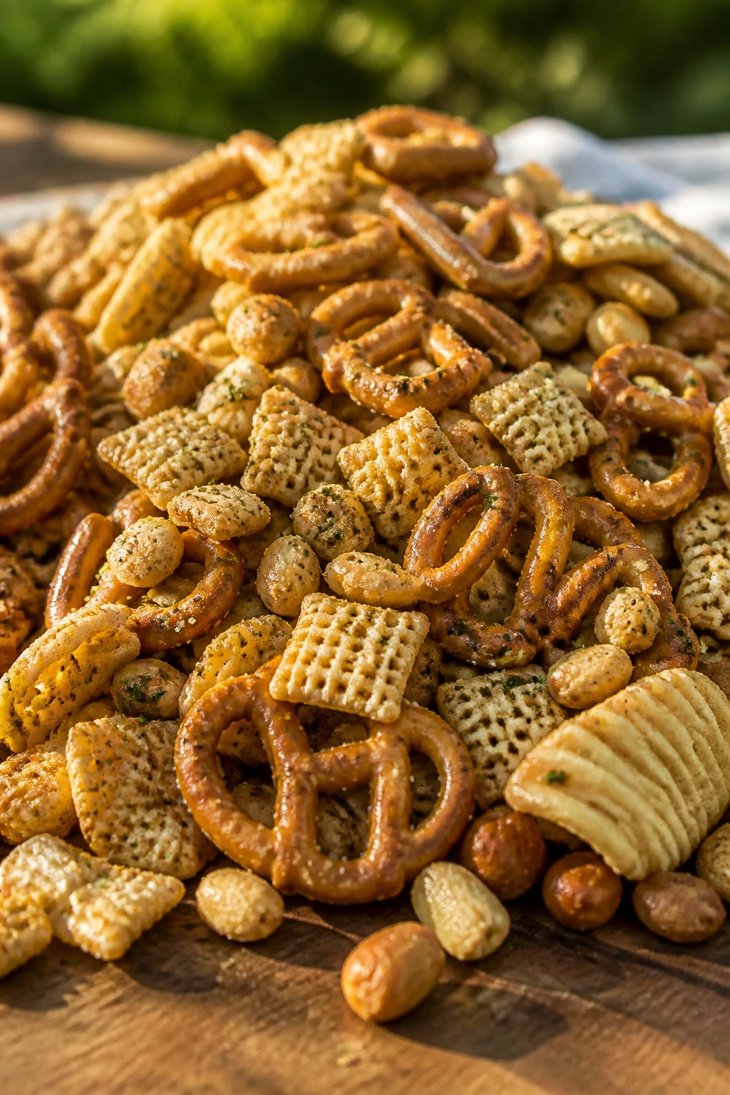 Close-up of ranch pretzel snack mix on a rustic picnic table