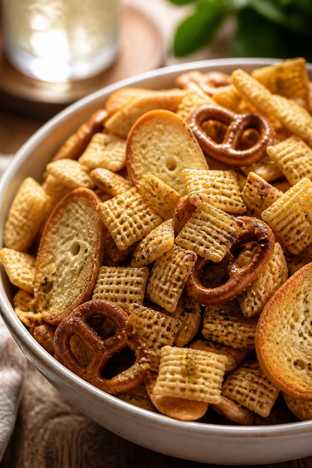 Bowl of ranch seasoned snack mix with pretzels and Chex