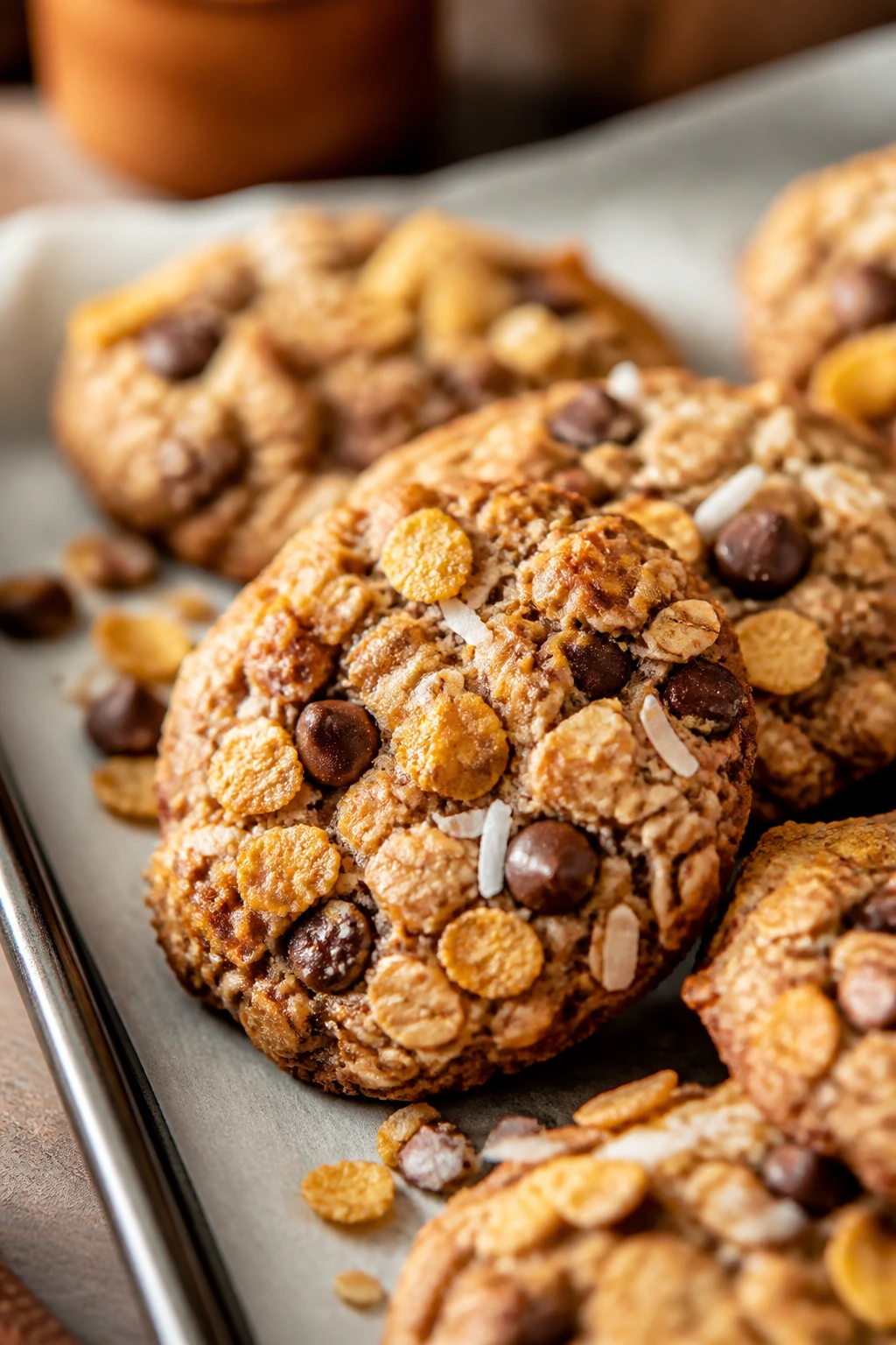 Close-up of textured ranger cookies with oats and chips in a kitchen
