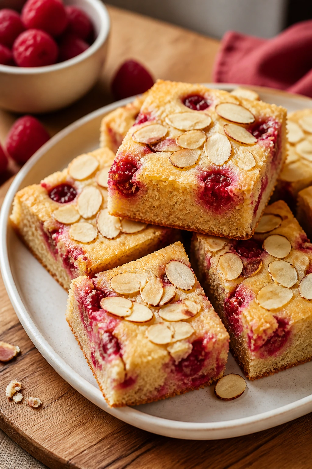 Raspberry almond blondies cut into squares on a plate