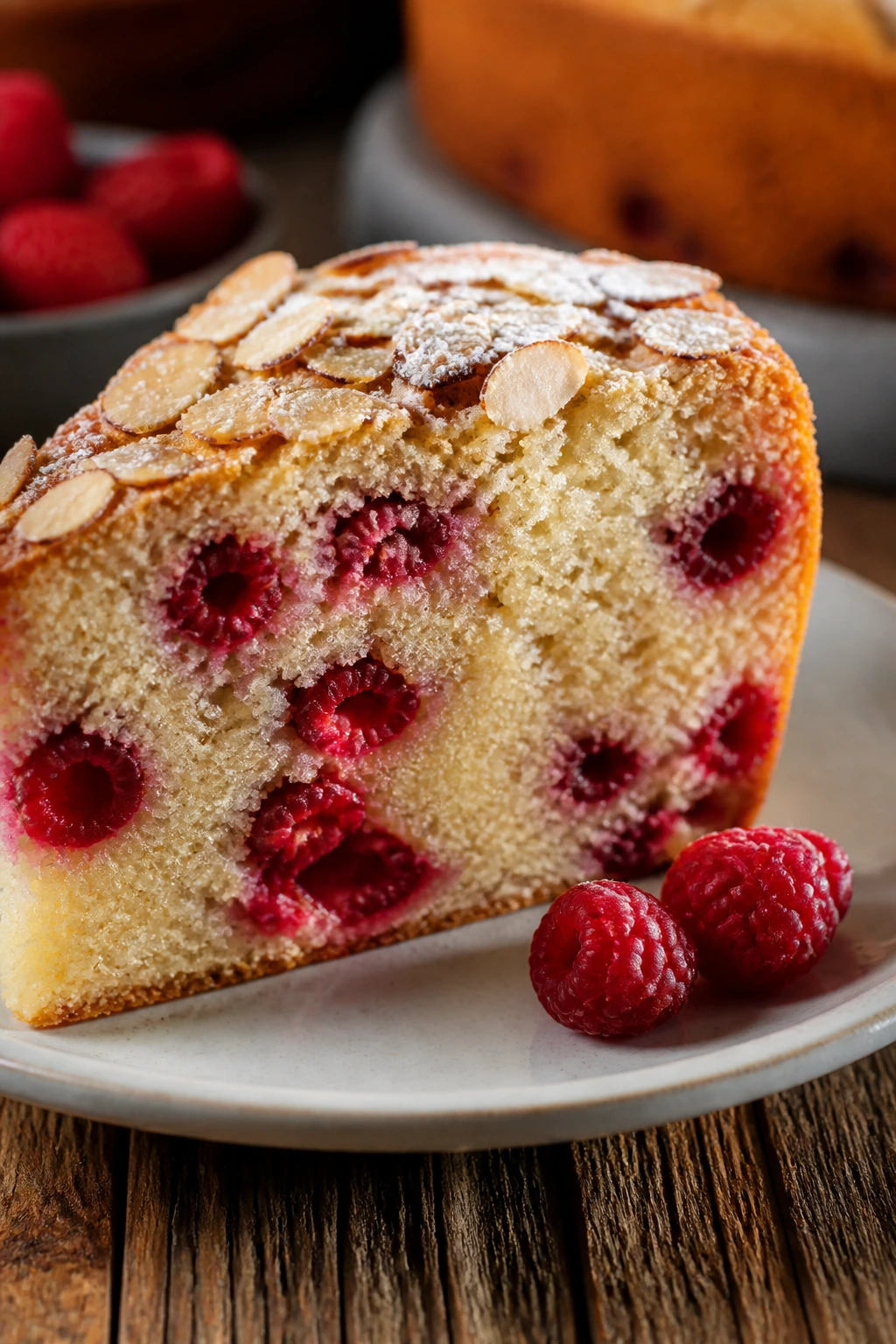 Close-up of raspberry almond cake slice with visible raspberries
