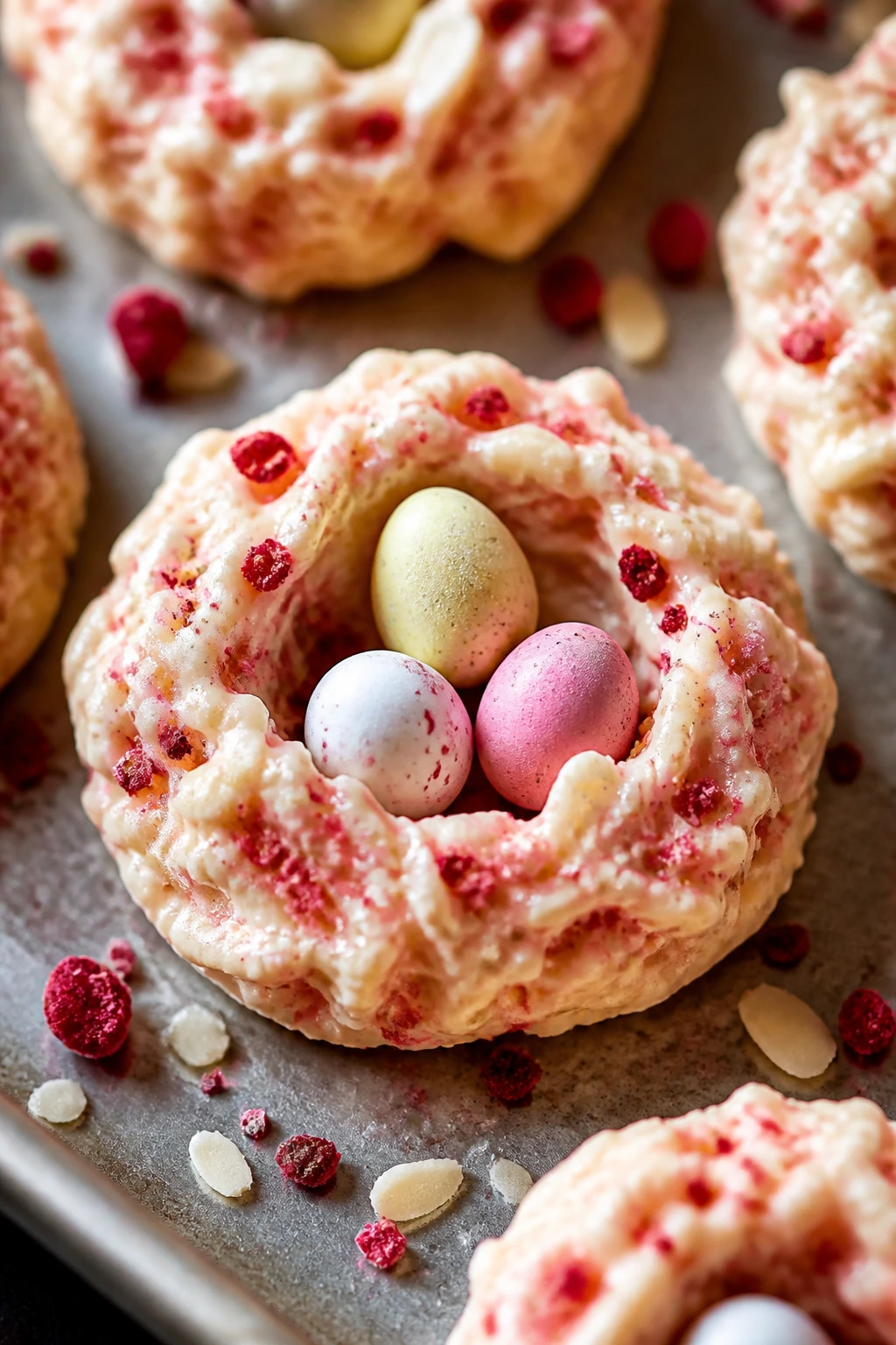 Close-up of raspberry almond nest with freeze-dried raspberries and almond texture