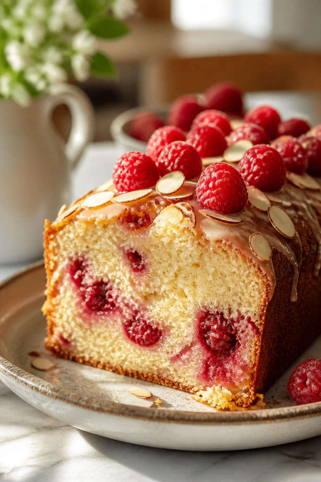 Close-up of raspberry almond tea cake with raspberries and almonds on a plate in a sunlit kitchen