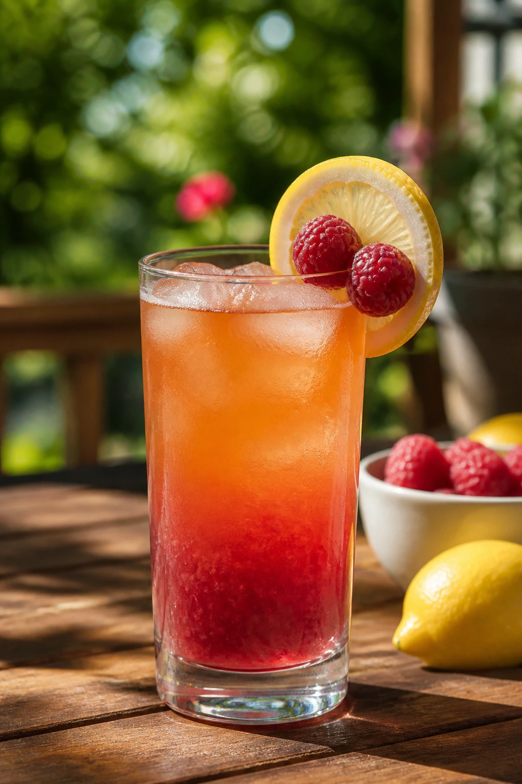 Tall glass of Raspberry Arnold Palmer Punch with tea, lemonade, and raspberry hue