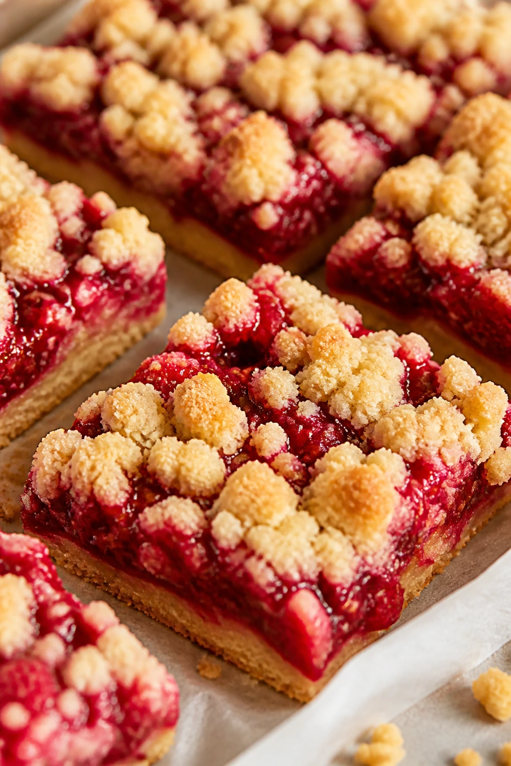 Raspberry crumble bars on parchment in a kitchen.