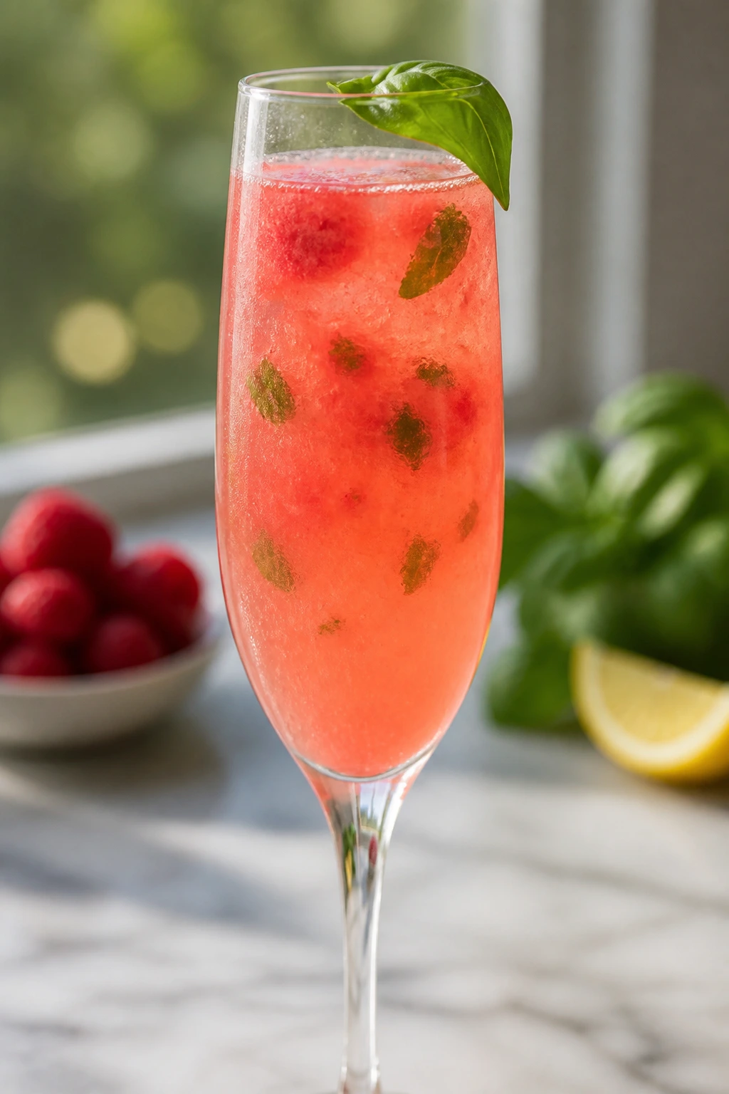 Close-up of Raspberry Basil Flute with raspberry purée and basil leaves in a bright brunch setting