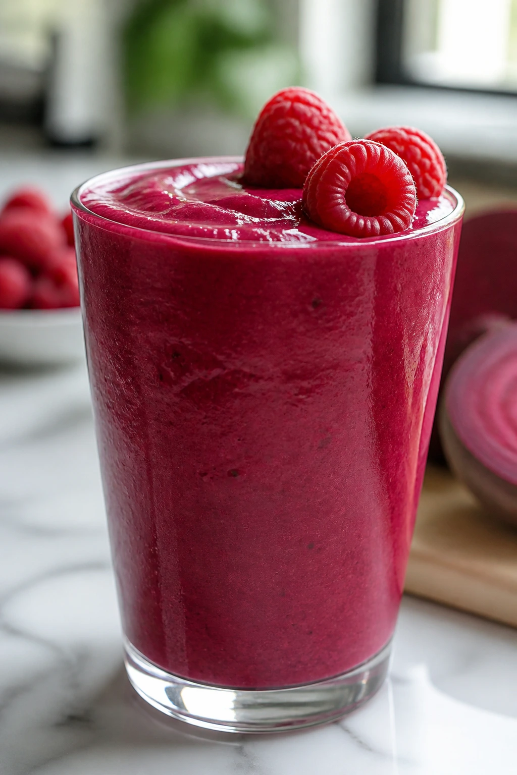 Close-up of Raspberry Beet Yogurt Smoothie in a glass with raspberries on the rim