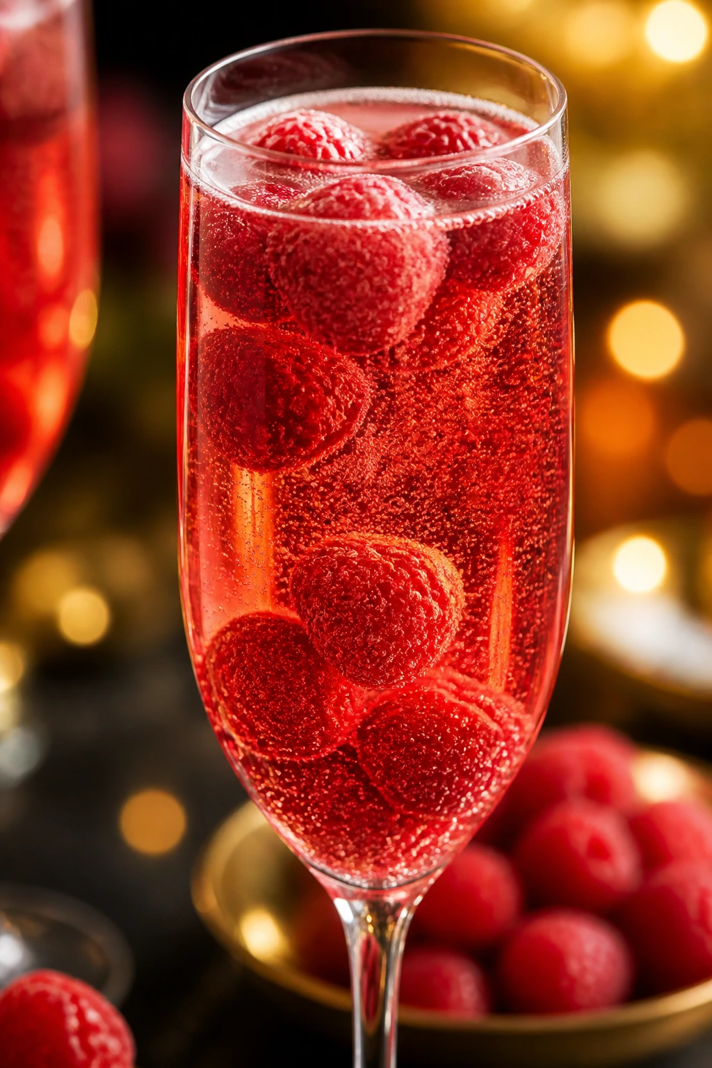 Close-up of Raspberry Champagne Punch in a flute with raspberries