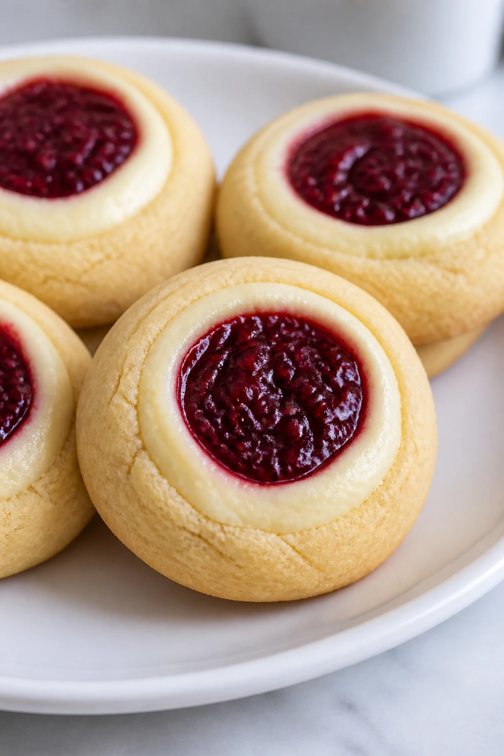 Close-up of raspberry cheesecake thumbprint cookies with jam centers