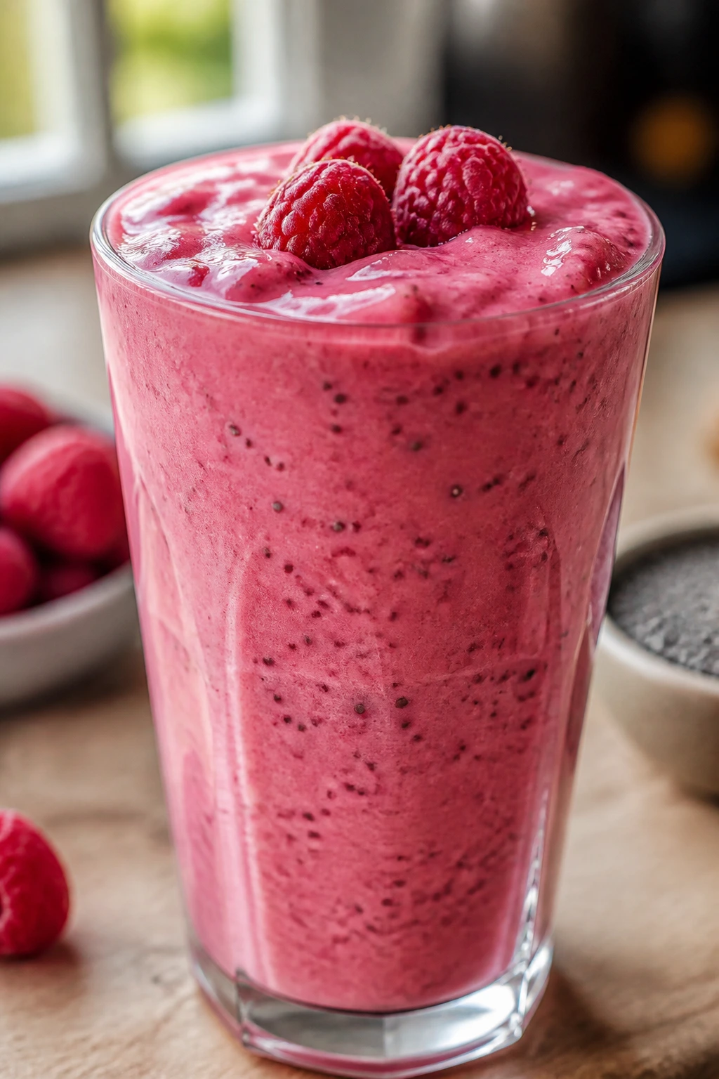 Pink raspberry chia vanilla smoothie in glass with visible chia seeds