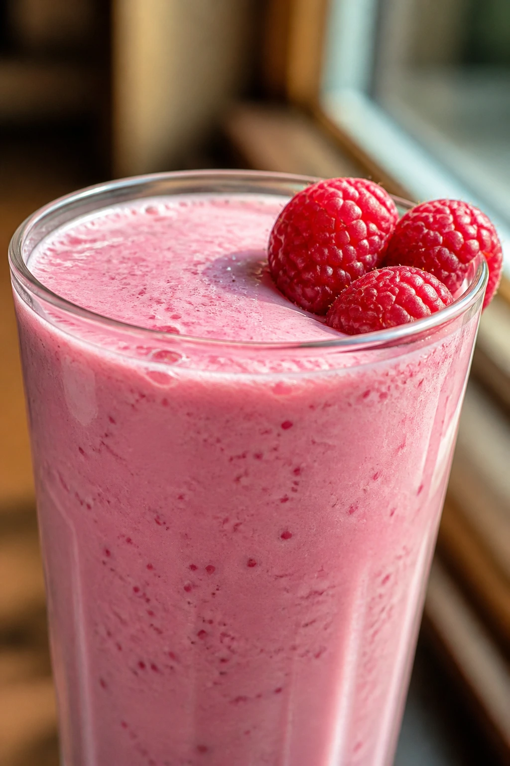 Pink raspberry coconut smoothie in a glass with raspberries on rim