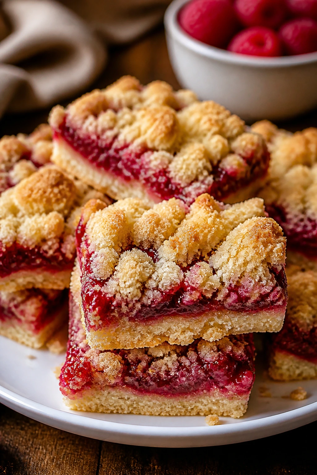 Raspberry crumb bars with jam center on plate