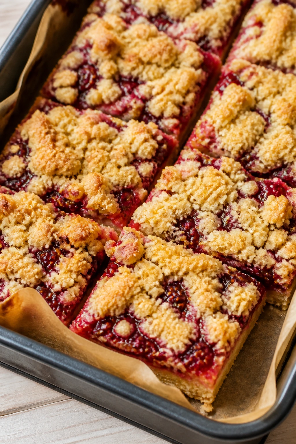 Raspberry crumble square with jammy center and crumb topping
