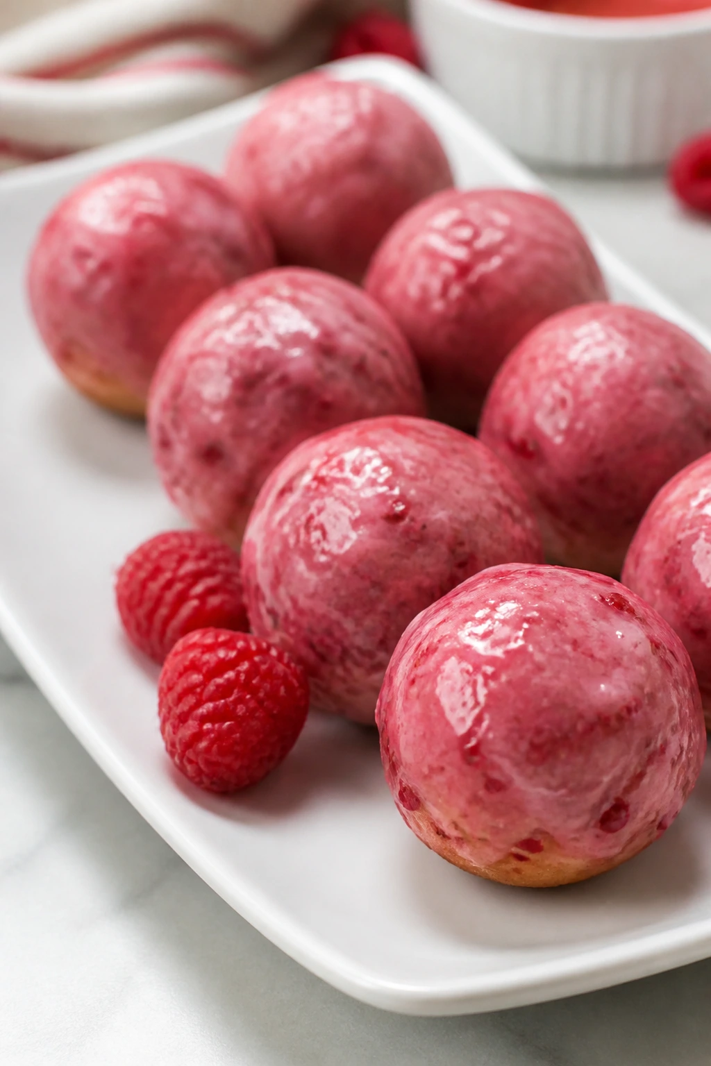 Close-up of Baked Raspberry Donut Holes with glossy glaze