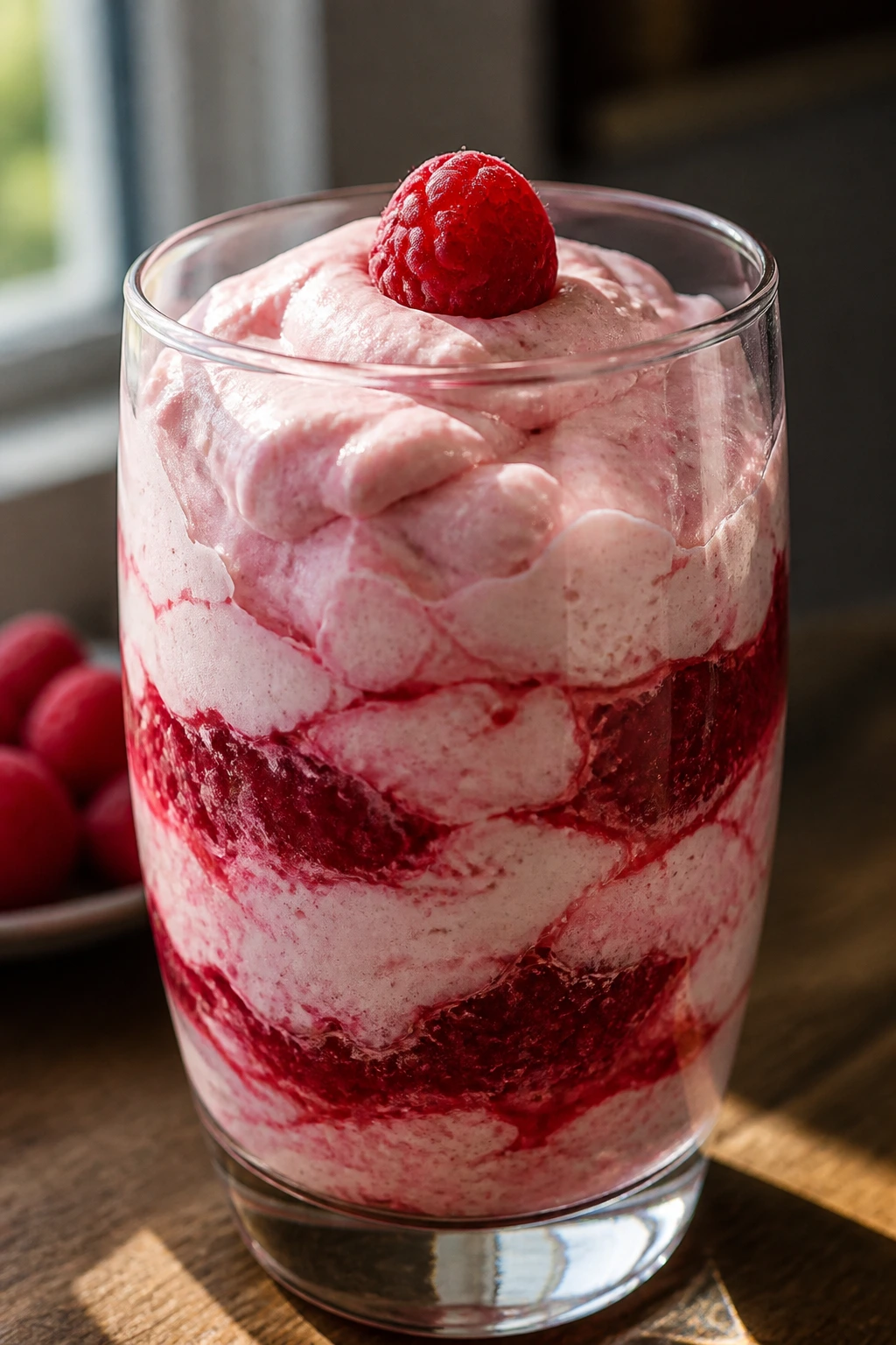Close-up of raspberry fool in a glass with pink layers