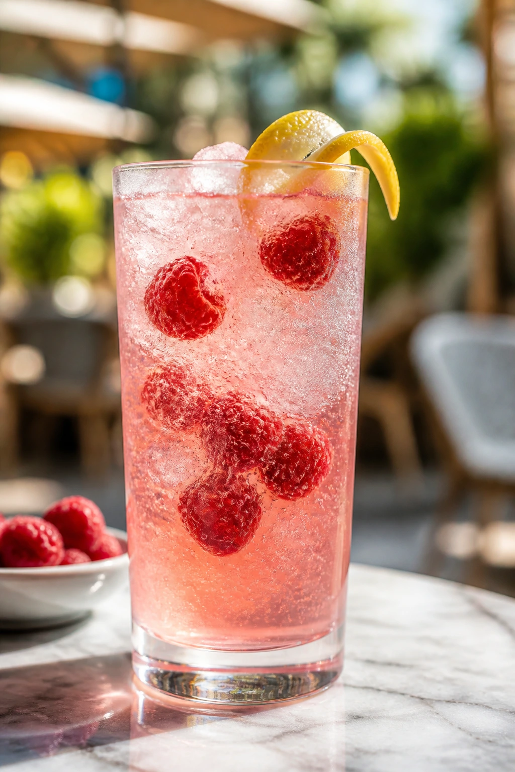 Close-up of Raspberry Gin Fizz in a tall glass with raspberries and a lemon twist on a sunny outdoor table