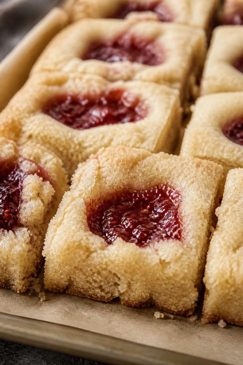 Close-up of raspberry jam thumbprint bars showing jam-filled centers