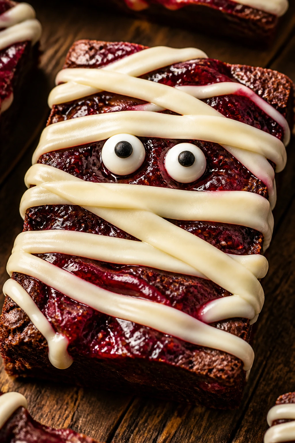 Close-up of raspberry jam mummy brownie with red marbling and candy eyes