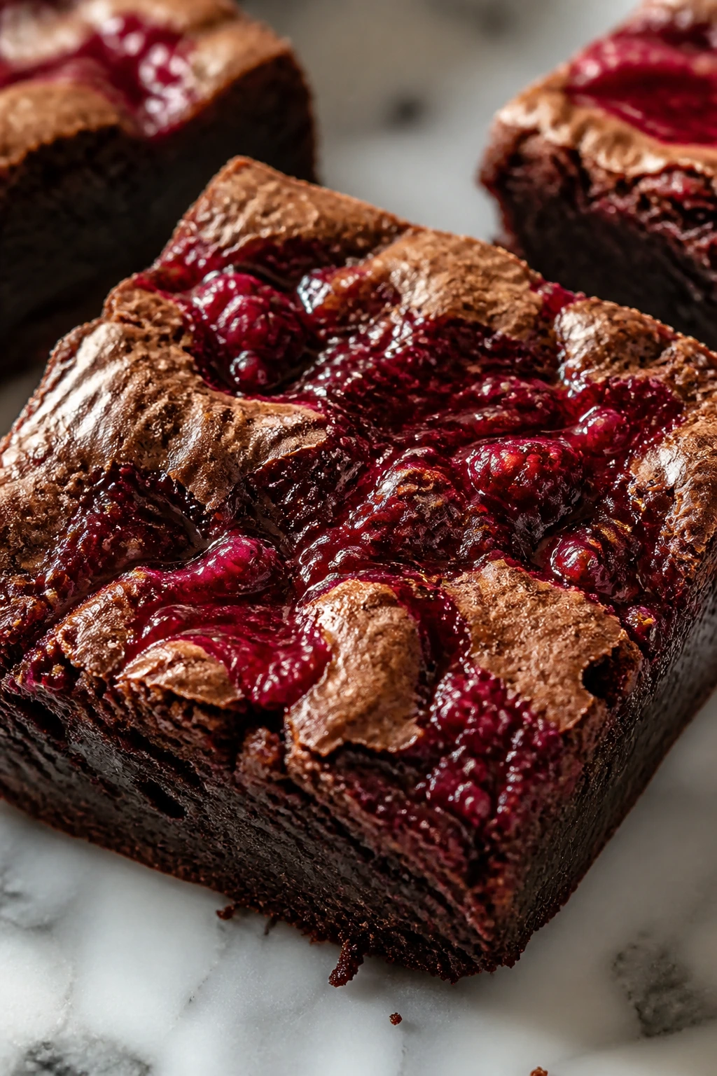 Brownie with raspberry jam swirl on top in a bright kitchen