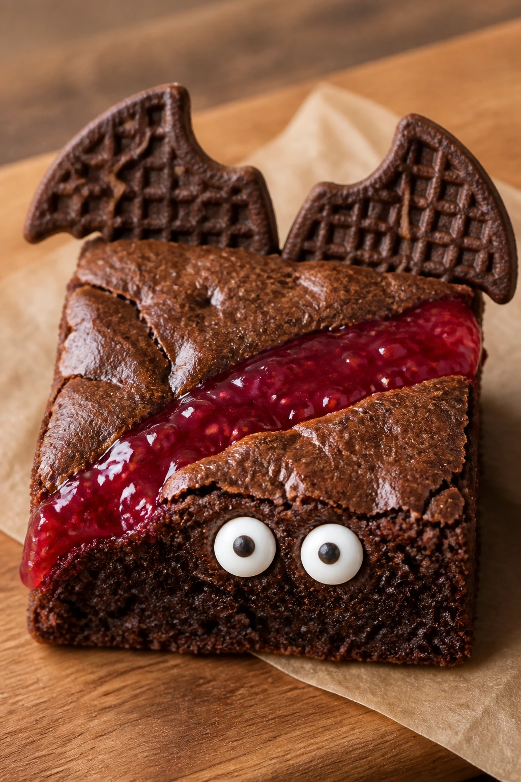 Close-up of a Raspberry Ribbon Bat Brownie with raspberry jam ribbon, wafer wings, and candy eyes on a wooden board