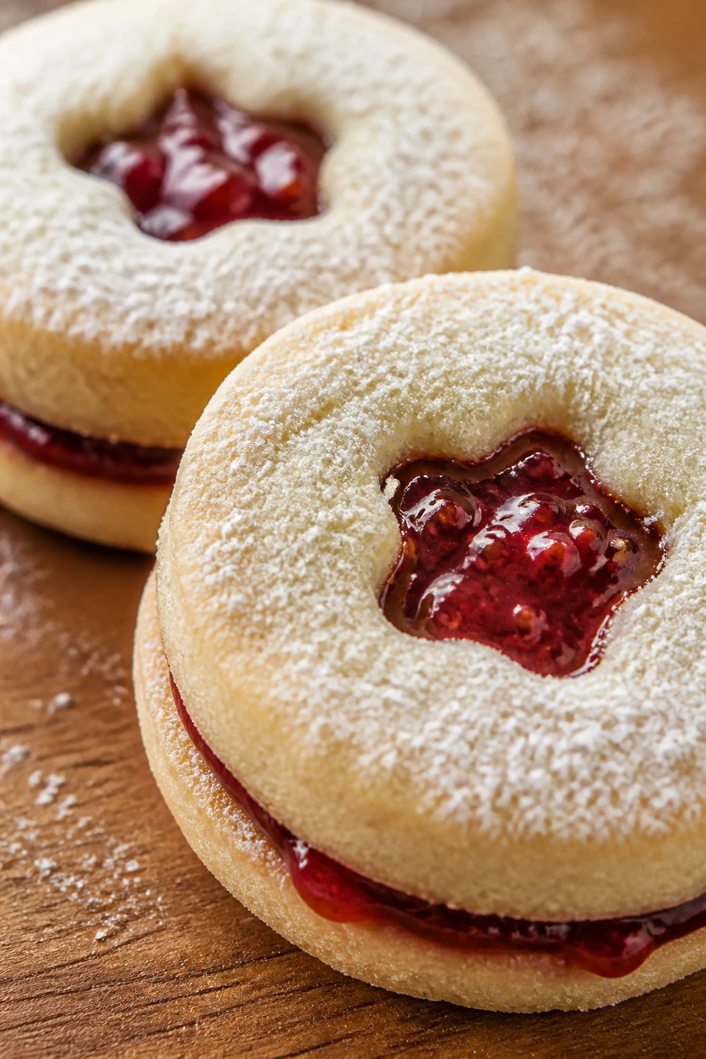 Close-up of raspberry jam sandwich cookies with jam center and powdered sugar dusting