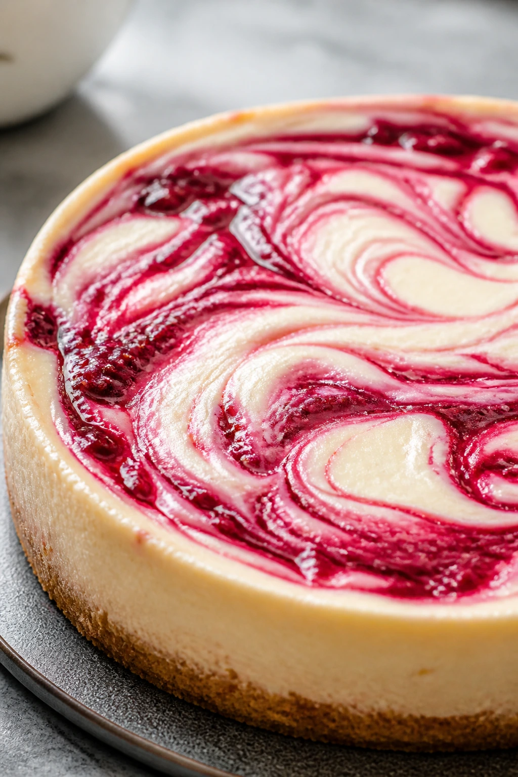 Cheesecake with raspberry jam swirl on top