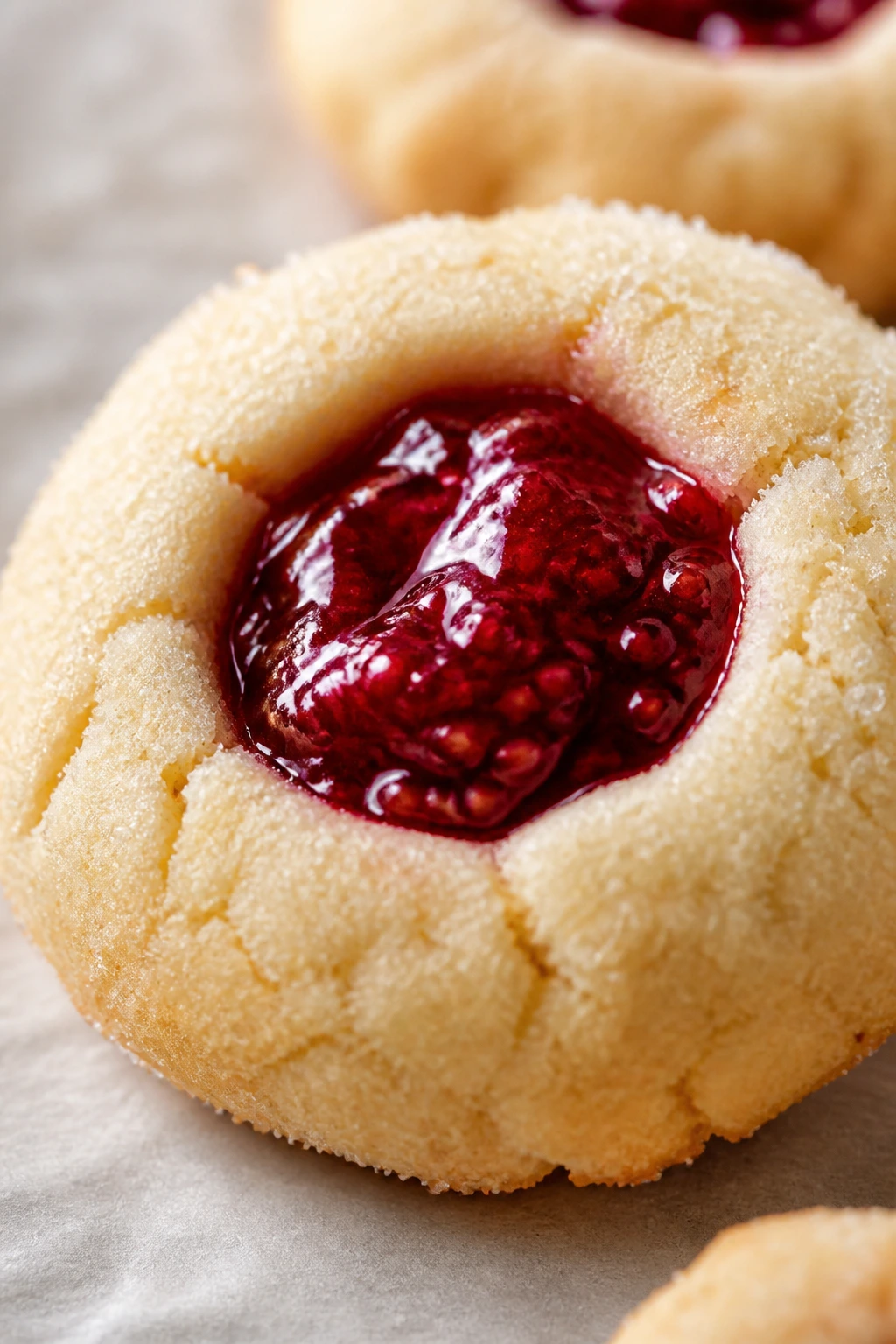 Close-up of a raspberry jam thumbprint cookie.