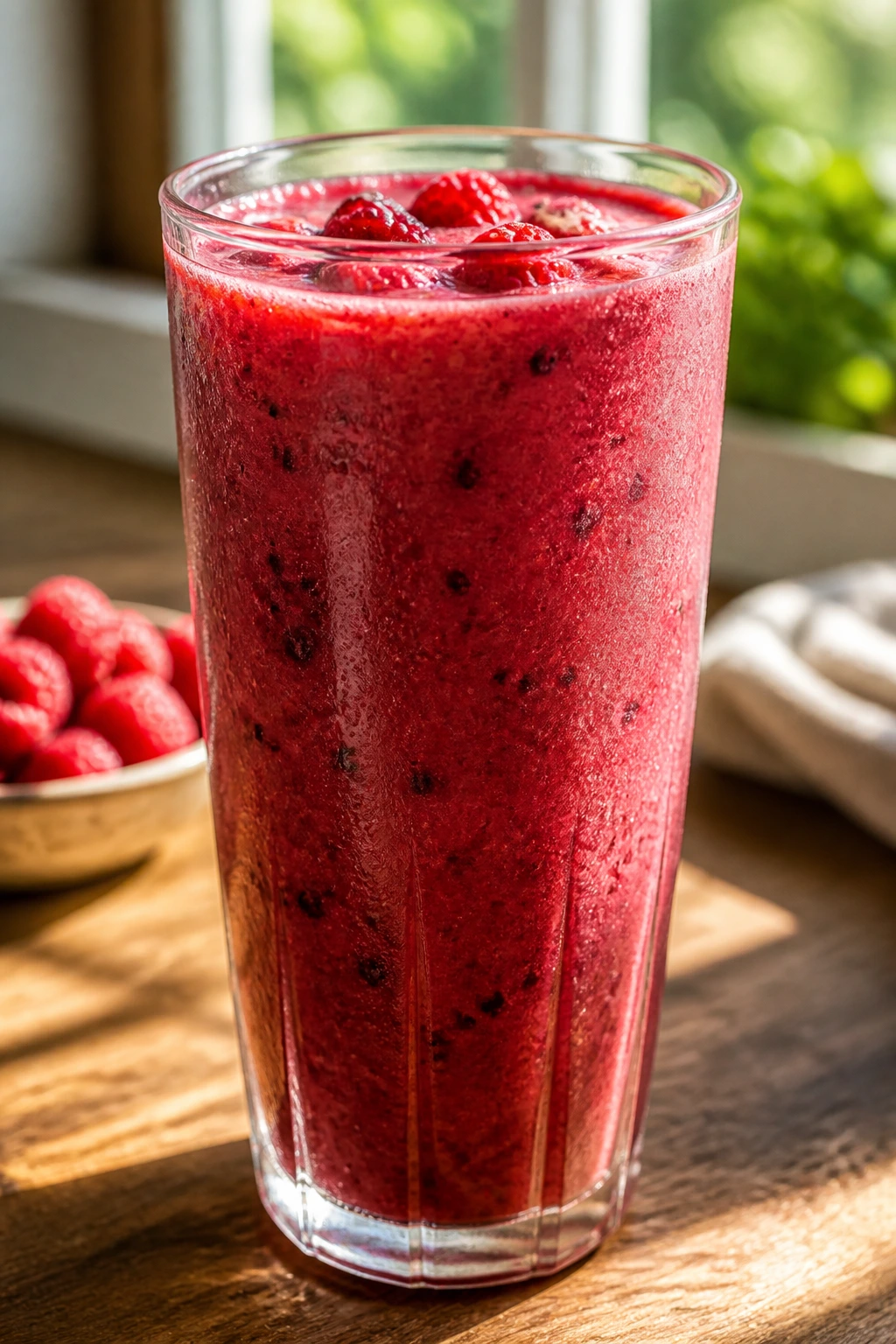 Close-up of Raspberry Black Tea Kefir Smoothie in a glass
