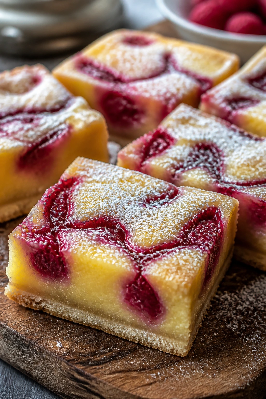 Close-up of raspberry swirl lemon bars dusted with powdered sugar on a rustic wooden board