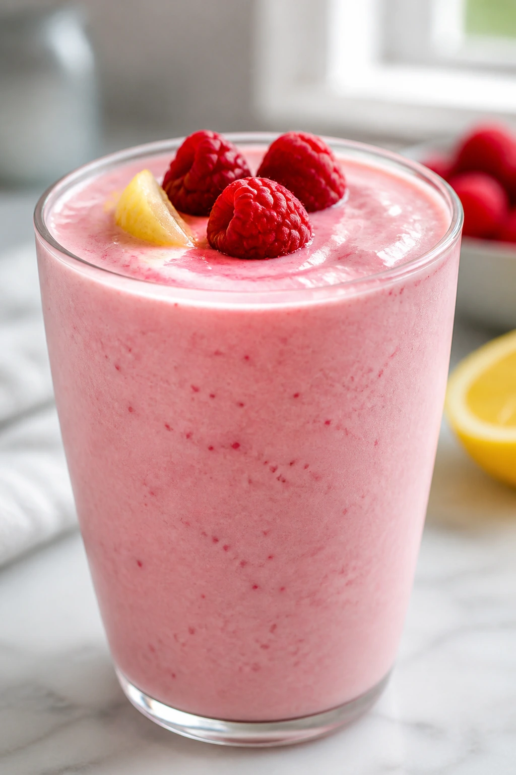 Close-up of pale pink raspberry lemon cheesecake smoothie in a glass on a counter