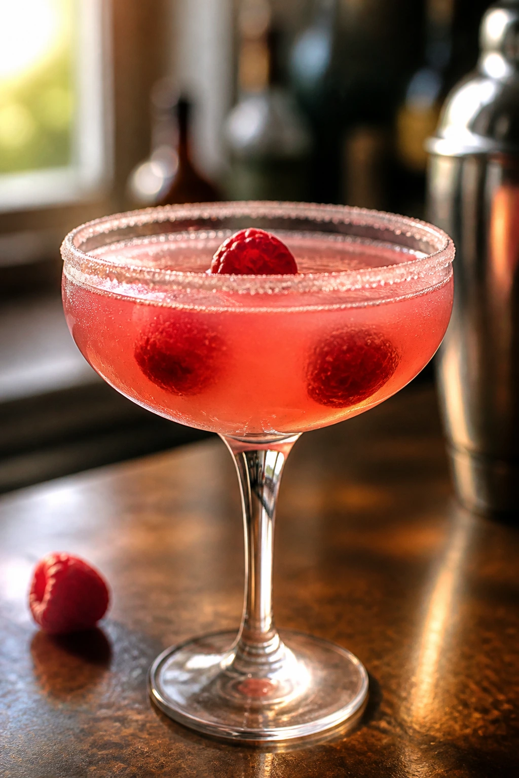 Raspberry lemon drop cocktail in a sugared coupe with raspberries