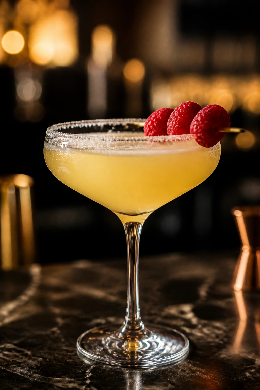 Raspberry lemon drop martini in a sugar-rim coupe