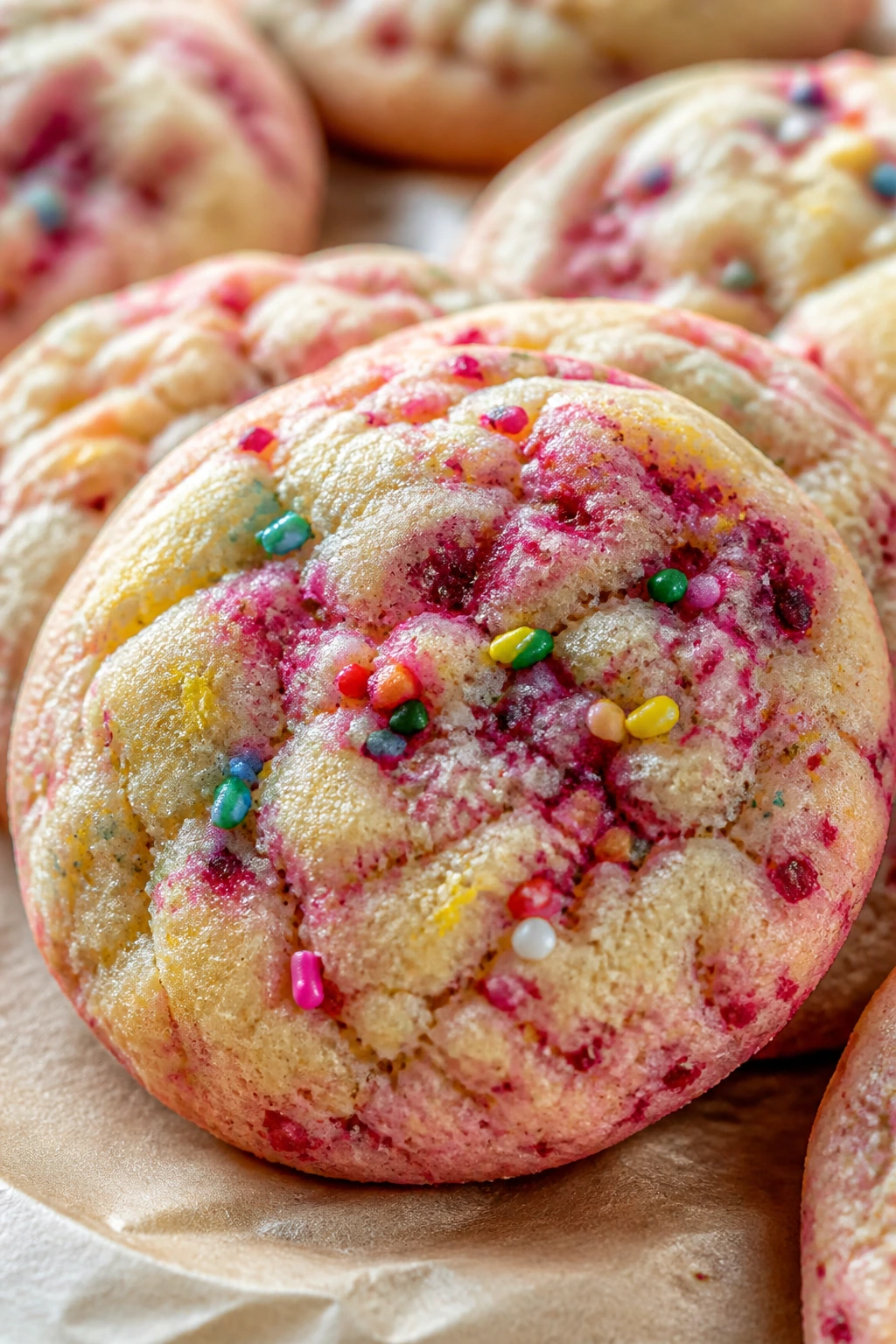 Close-up of a raspberry lemon rainbow cookie with lemon zest and raspberry specks