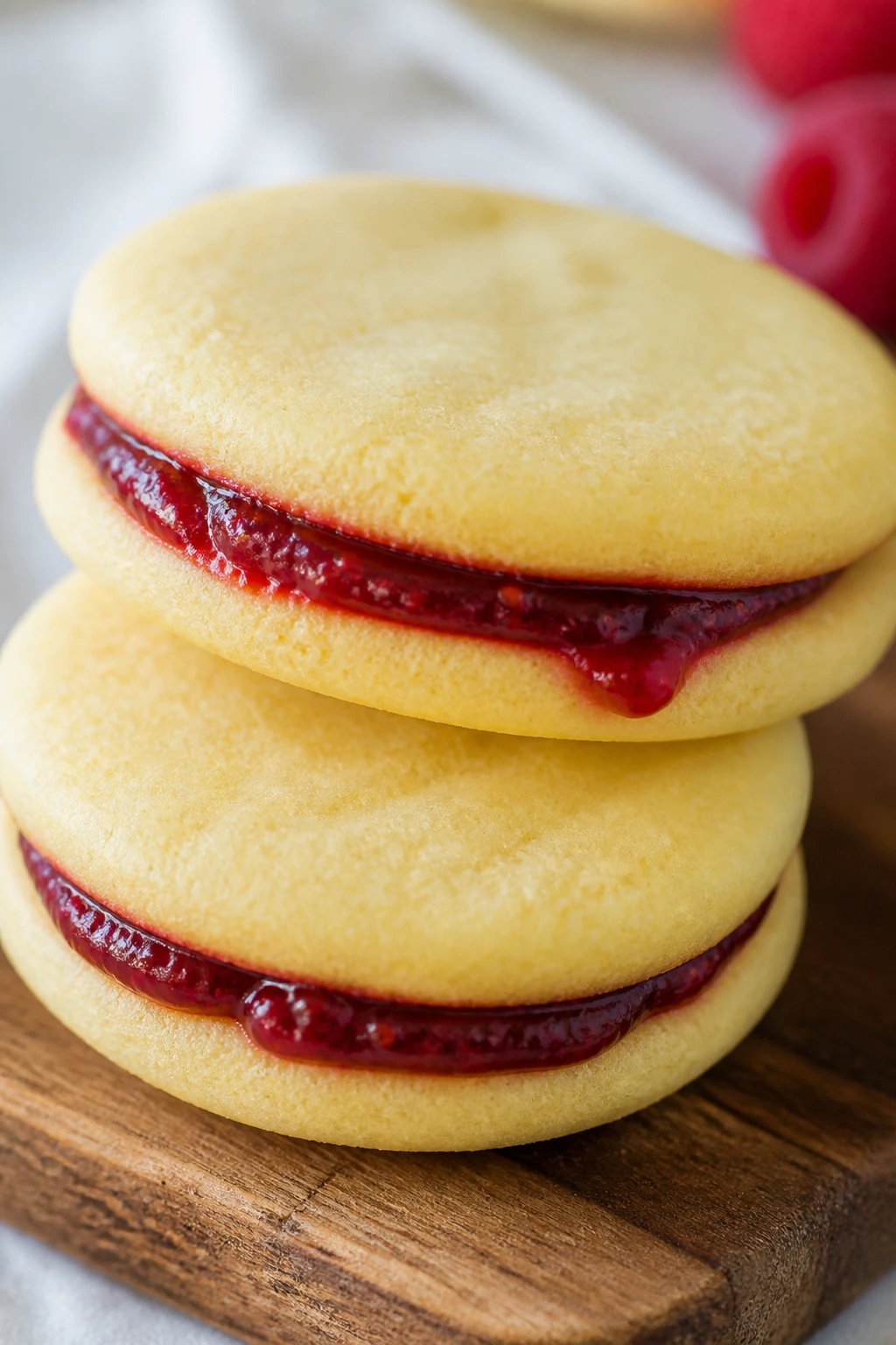 Raspberry lemon sandwich cookie with jam filling visible