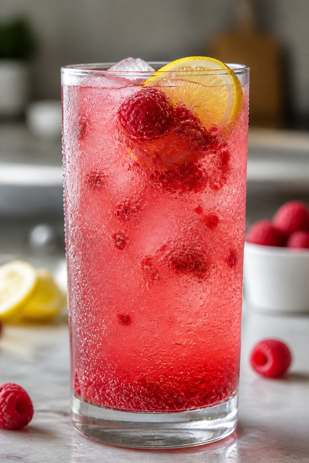 Close-up of a tall glass of raspberry lemon spritz with muddled raspberries on a sunlit kitchen counter