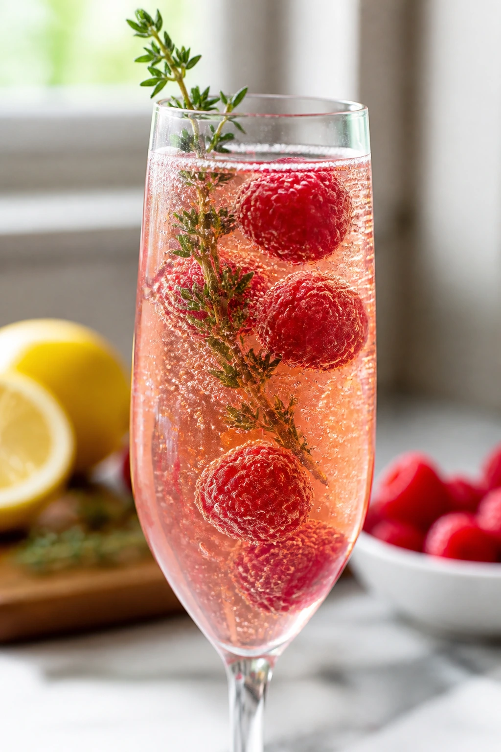 Close-up of Raspberry Lemon Thyme Mimosa with raspberries and thyme garnish