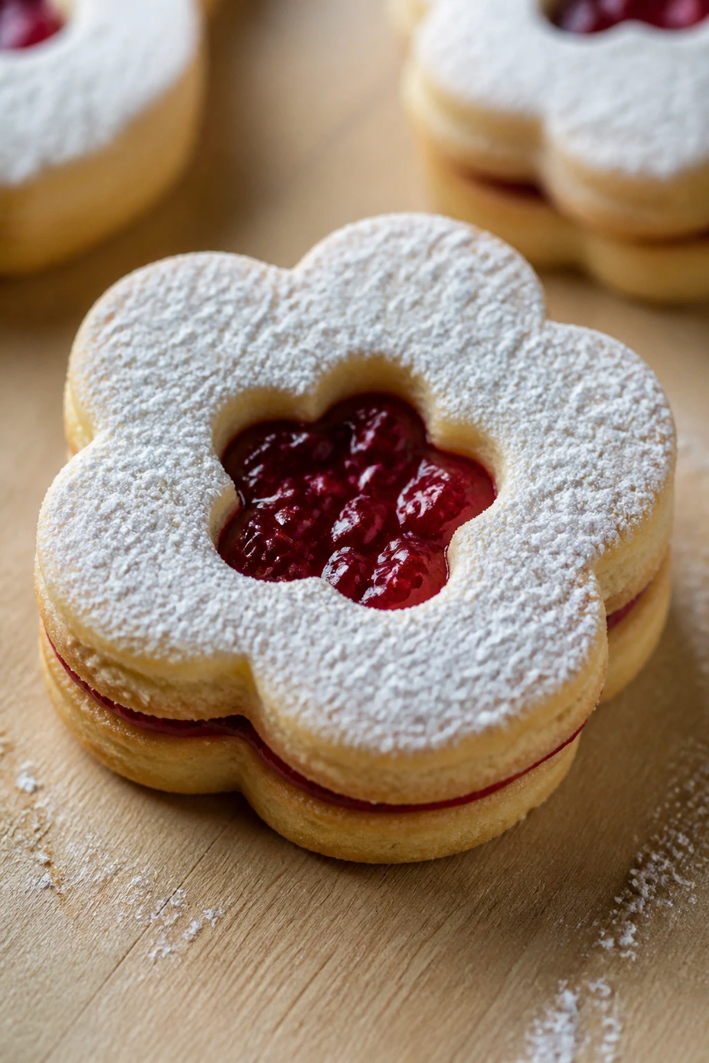 Single Linzer flower cookie showing jam through the cutout with sugar dusting