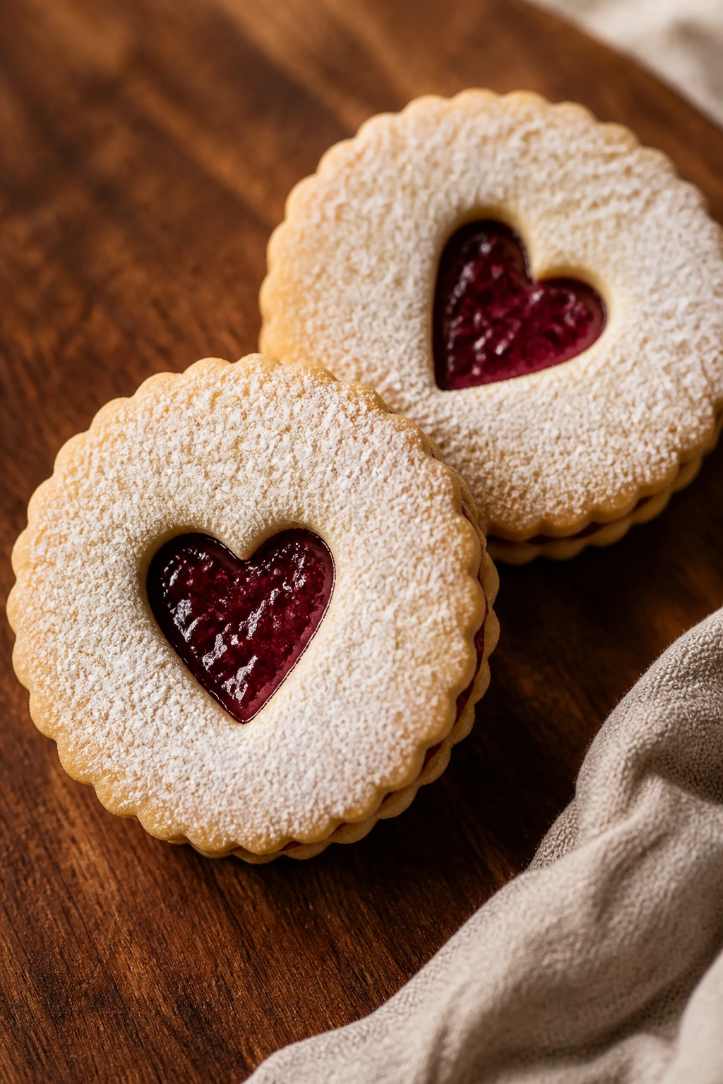Two raspberry Linzer cookies with jam filling on wood surface