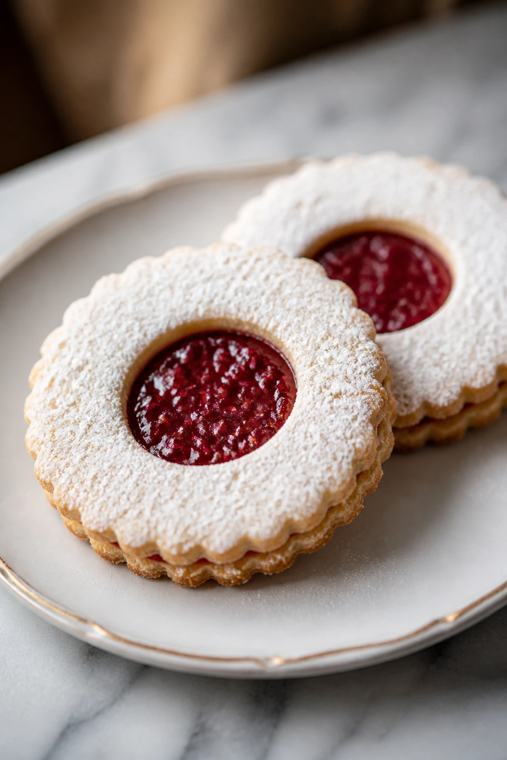 Raspberry Linzer cookies with jam filling on plate