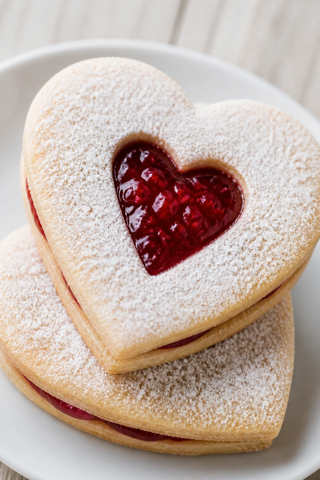 Two raspberry linzer heart cookies with jam visible through the center window