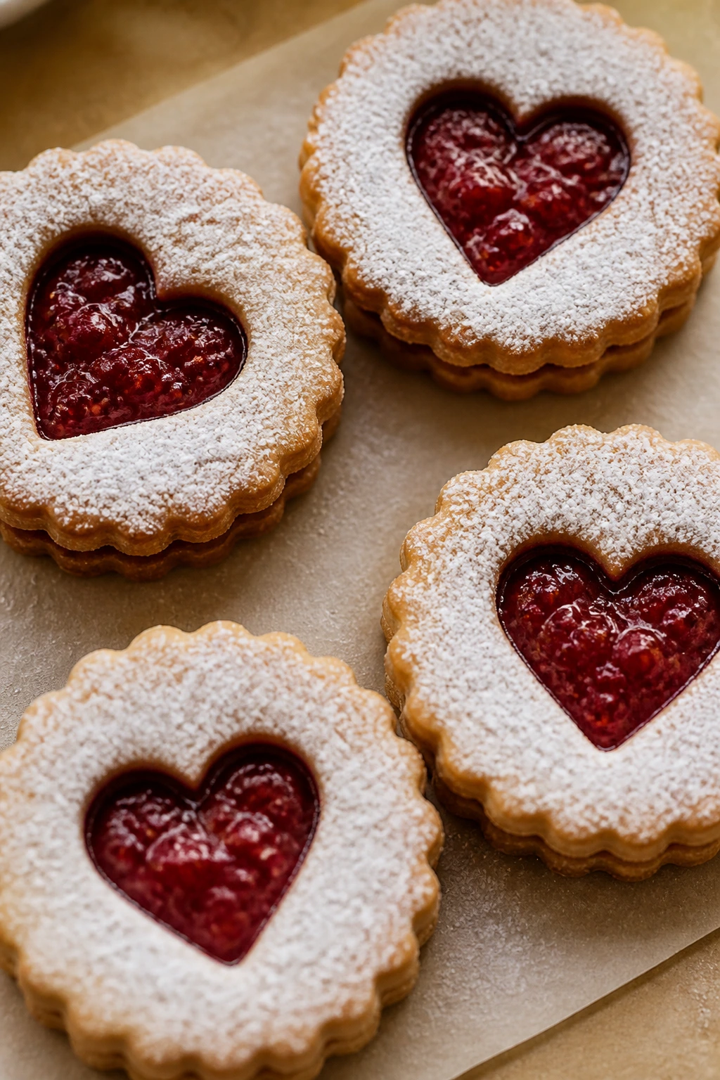Close-up of raspberry linzer tartlets showing jam through top cutouts