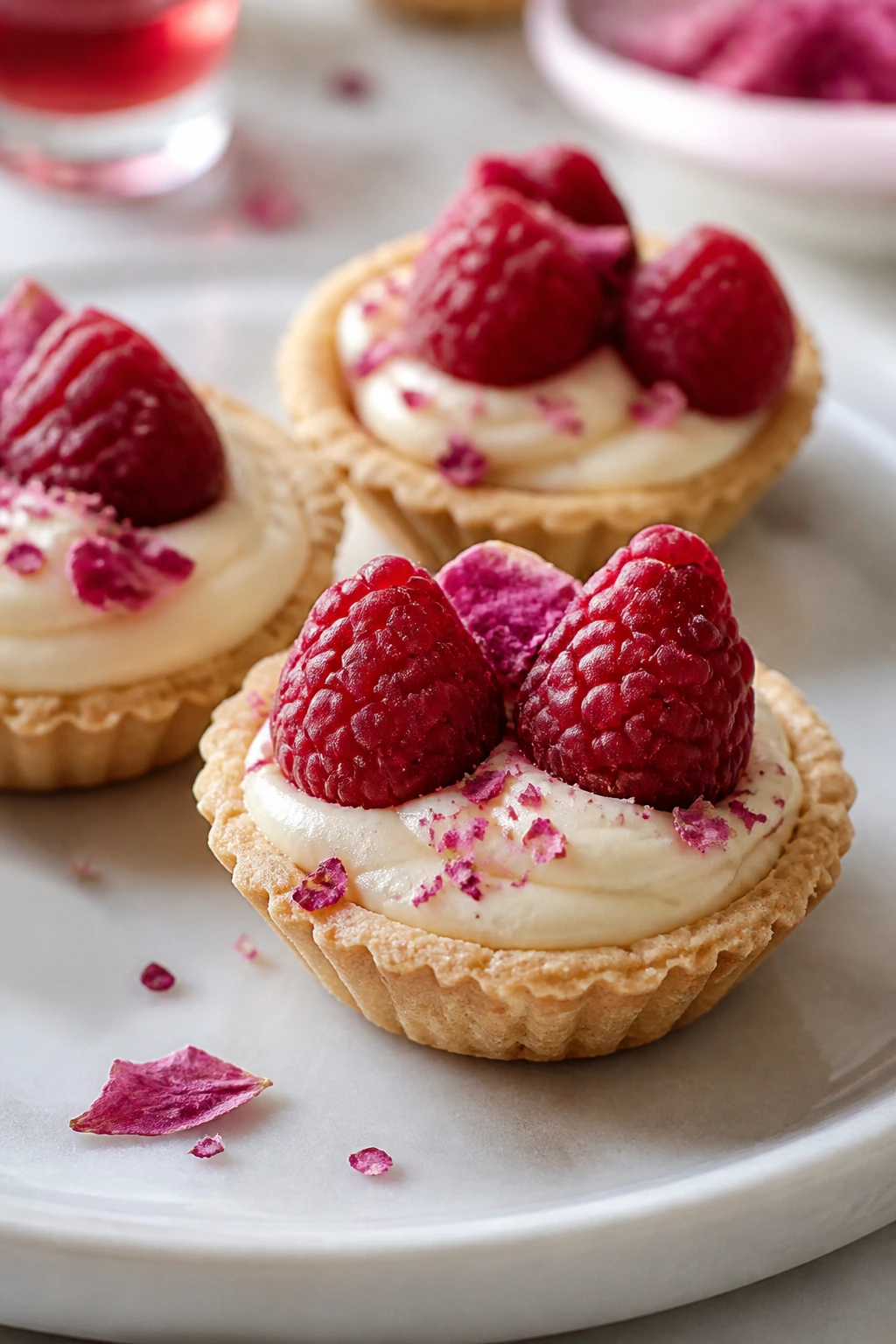 Close-up of raspberry mascarpone tartlets with raspberries on top