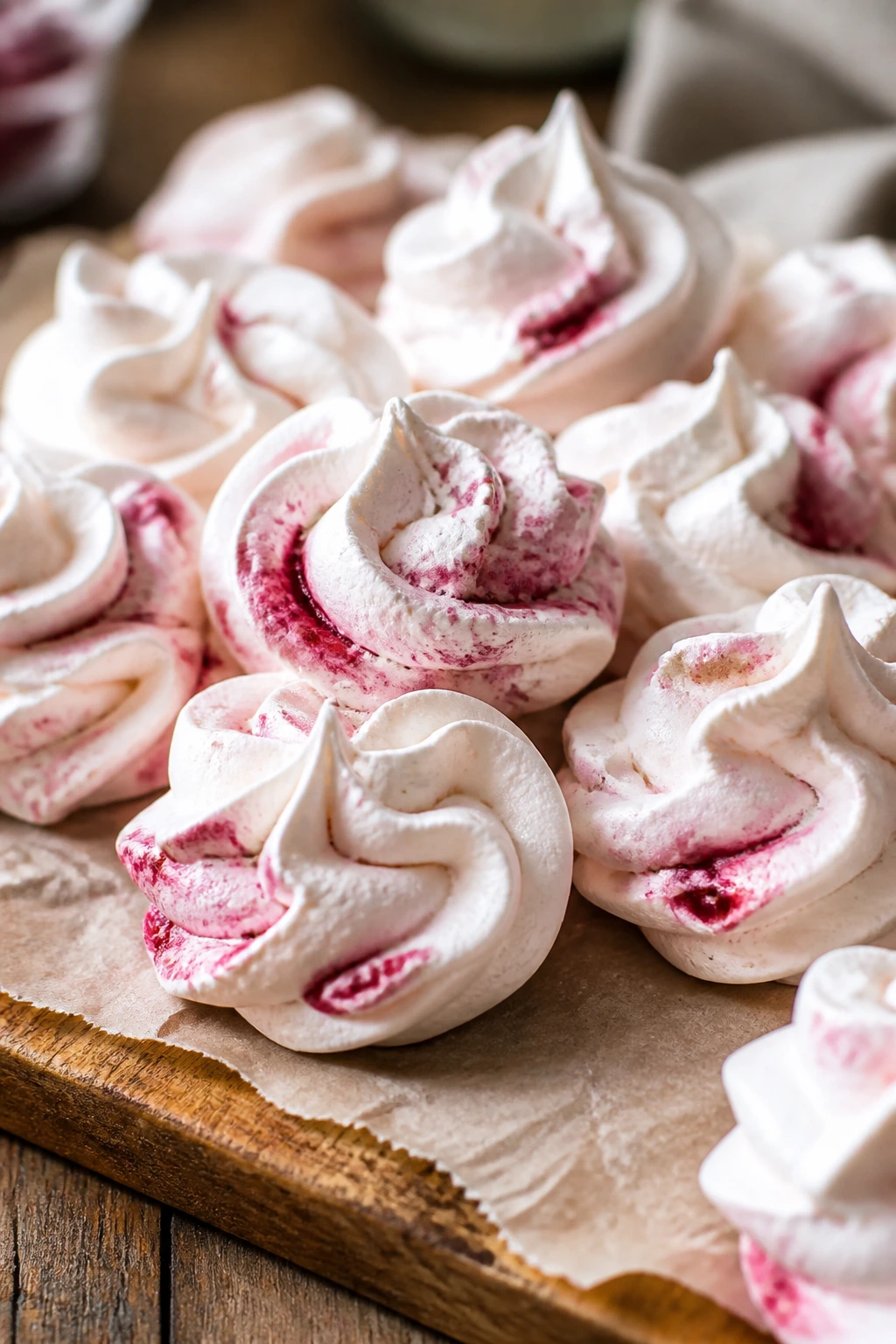 Close-up of raspberry-meringue cookies on a wooden board